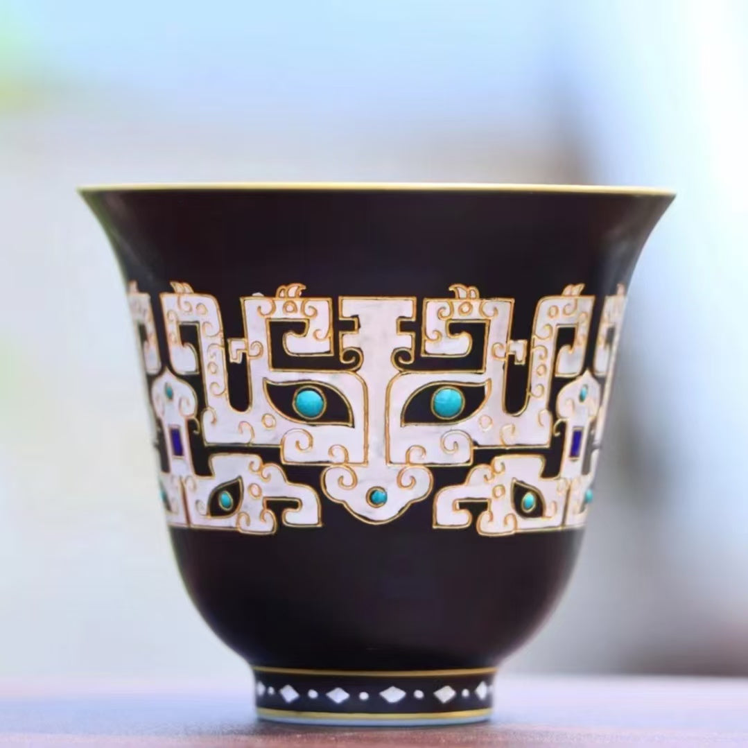 Gold & Silver Inlaid Floral Deity Cup with Black Gold Glaze