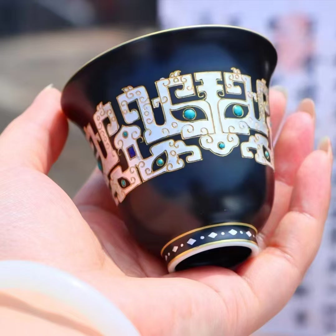 Gold & Silver Inlaid Floral Deity Cup with Black Gold Glaze